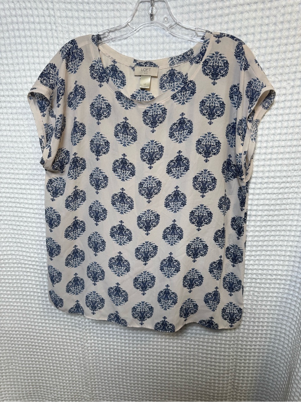 LOFT Cream Short Sleeve Blouse with Navy Medallion Print